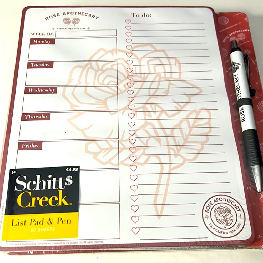 Schitts Creek list pad & pen Rose Apothecary brand new